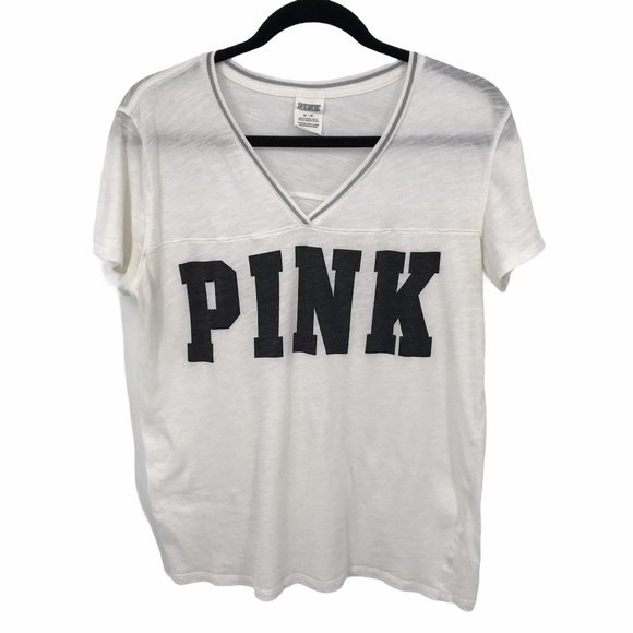 PINK Victoria's Secret Tops - Victoria’s Secret Pink Logo White V Neck Tee M